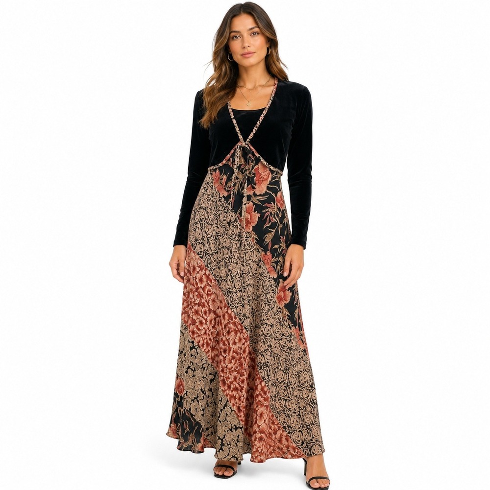 Y2K Carole Little Women Maxi Dress Black Floral Velvet Patchwork Fairy Grunge 4